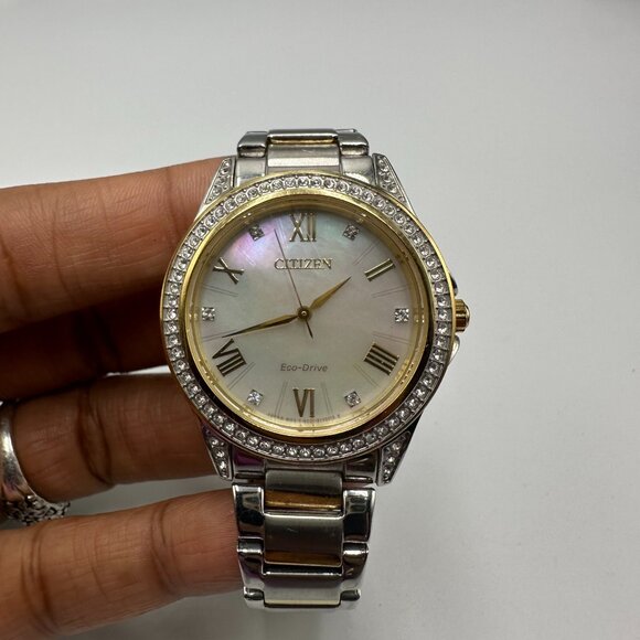 Citizen Eco Drive Watch Women Silver Gold MOP Dial Crystal Bezel Solar Powered - Picture 3 of 13